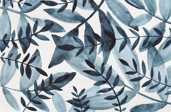Aquarelle motif abstrait bleu avec des feuilles, branche, fleur et ciel dans la forêt. Art créatif fond dessiné à la main pour papier peint, emballage, célébration, carte postale, carnet de croquis — Photo