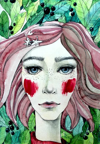 Hand-drawn face of a woman with leaves abd berries watercolor illustration. Girl with pink hair — Stock Photo, Image