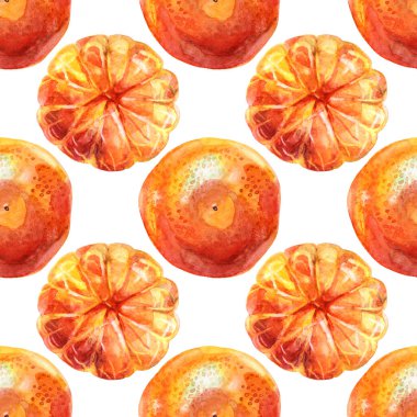 Kusursuz desenli suluboya turunçgil portakalı beyaz arka plandaki mandalinayı soyar. Kış ve yaz için el yapımı yiyecekler, menü, ambalaj, duvar kağıdı, defter, eskiz defteri için noel eşyası.