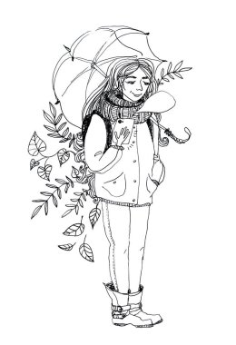 Yaprakları, şemsiyesi ve telefonu olan el çizimi resimli kız.