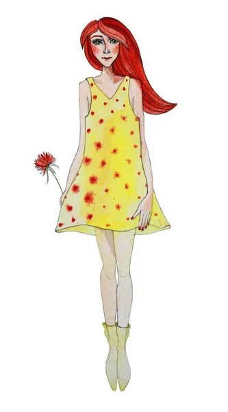 Kızıl saçlı, sarı elbiseli ve çiçekli el yapımı suluboya yaz kadını. Resim, sanat yaratıcılığı kartı ve çıkartması için beyaz arkaplanda izole edildi — Stok fotoğraf