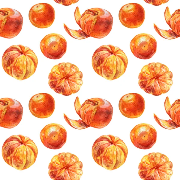 Безшовний візерунок акварельний цитрусовий фруктовий апельсин очищає мандарин на білому тлі. Ручна мальована їжа на зиму або літо, різдвяний об'єкт для меню, обгортання, шпалер, блокнота — стокове фото