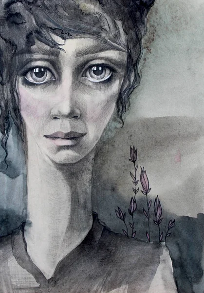 Visage dessiné à la main d'une femme aux grands yeux. Illustration gris art — Photo