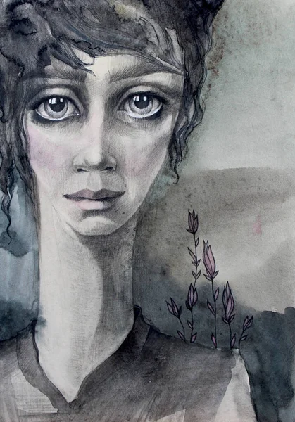 Rostro dibujado a mano de una mujer con ojos grandes. Arte ilustración gris Imágenes de stock libres de derechos