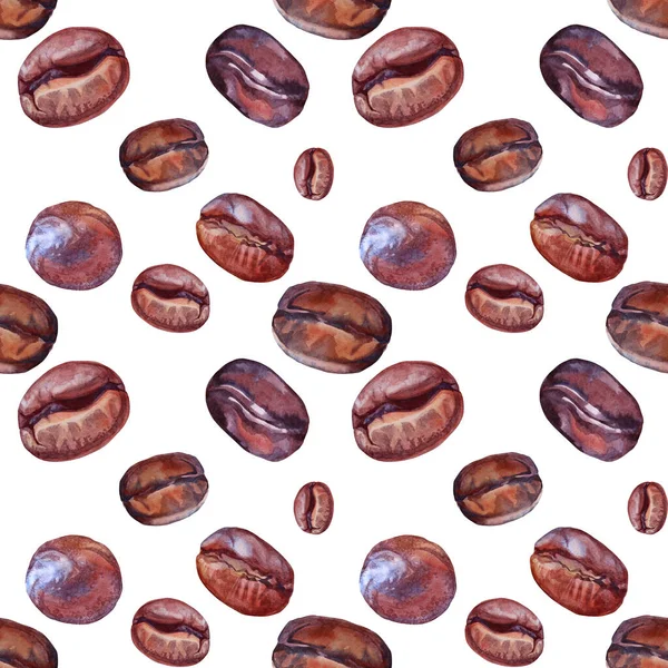 Płynny wzór akwarela brązowy ziarno kawy na białym tle. Aromatyczny składnik kofeiny do gorących napojów. Element kreatywnej sztuki projektowania menu, cezve, kuchnia, kawiarnia, stołówka — Zdjęcie stockowe