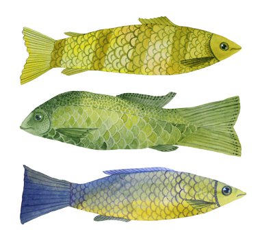 Suluboya el yapımı mavi, sarı, yeşil balık saf sanat objesi beyaz arka planda izole edilmiş.