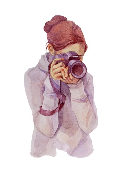 Watercolor girl with a photo camera. Hand-drawn woman photographer isolated on white background. Art creative object for sticker, card — Stock Photo, Image