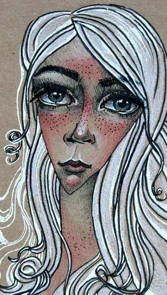 Renkli kalemler çizen bir kadının yüzü gri, kırmızı çizim — Stok fotoğraf