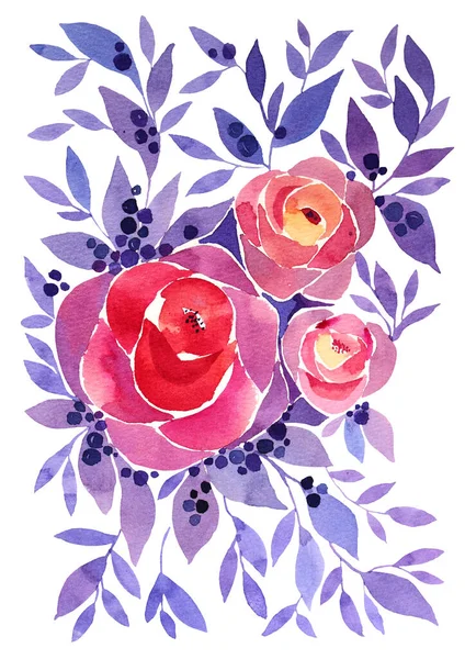 Akvarell handritad rosa pion eller ros blomma med blå blad isolerade på vit bakgrund. Konst kreativ natur objekt för klistermärke, tapet, textil, inslagning, bröllop, florist — Stockfoto