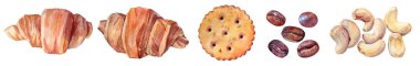 Set watercolor snack and bakery products: nuts cashew, cracker, dessert sweet croissant cake for breakfast with coffee isolated on white background. Hand-drawn clip art for menu, cookbook