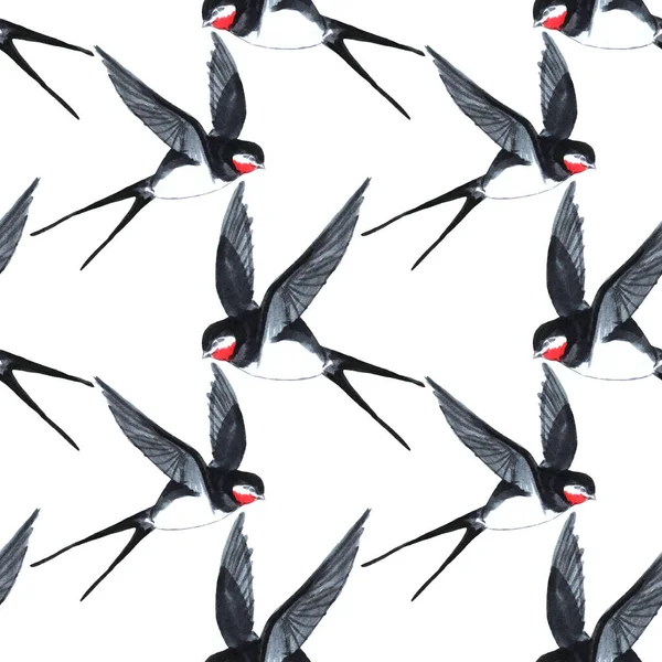 Seamless pattern fly birds swallow on white. Art creative hand drawn marker background for card, wallpaper, wrapping, wedding, celebration, poster — ストック写真