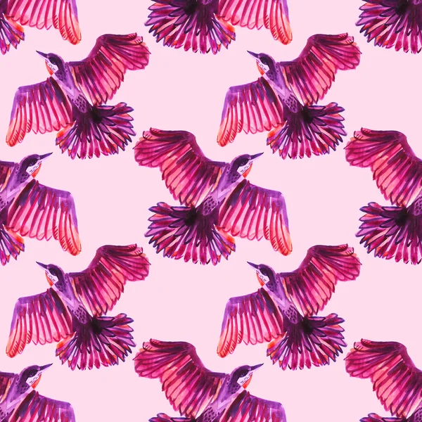 Modello senza soluzione di continuità acquerello volare viola, rosa, rosso astratto sfondo uccello. Oggetto animale creativo arte rawn a mano per carta, carta da parati, avvolgimento, adesivo, tessile — Foto Stock