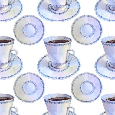 Kusursuz desenli suluboya mavi porselen bardak ve beyaz arka planda kahvaltıda sıcak aromalı kahve. Enerji içeceği espresso ya da aroma çayı. Kafe, menü, kafeterya için yaratıcı sanat