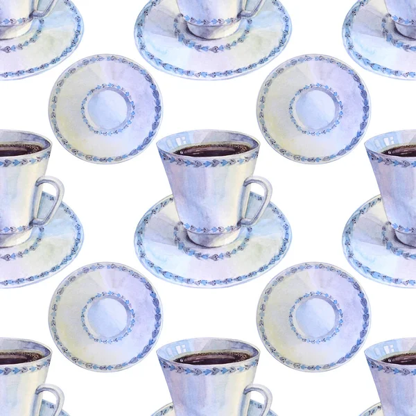 Seamless pattern watercolor blue porcelain cup with saucer of hot aromatic coffee for breakfast on white background. Energy beverage espresso or aroma tea. Creative art for cafe, menu, cafeteria