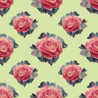 Kusursuz desenli sulu boya. Yapraklı pembe çiçek. Şakayık kamelyalı gül fırçası darbesi.