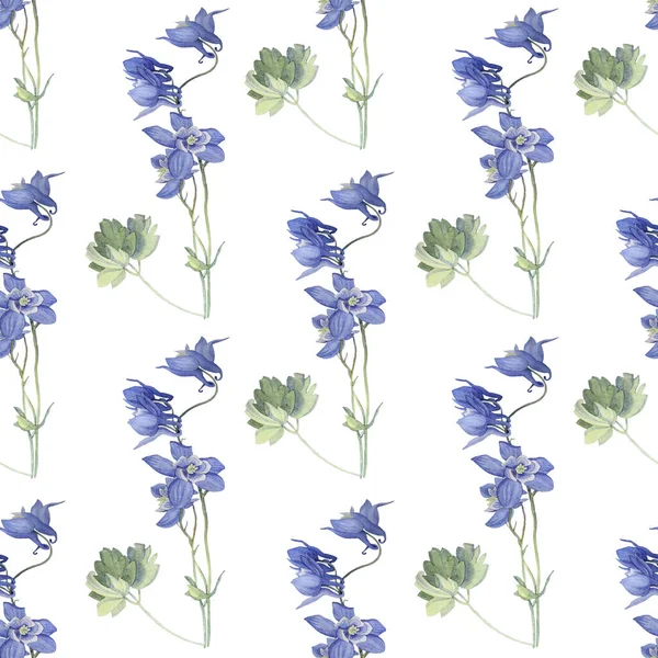 Beyaz üzerinde kusursuz desenli suluboya mavi çiçek çanı. El yapımı bitki. Kart, duvar kağıdı, tekstil, ambalaj, çiçekçi, düğün için yaratıcı doğa gerçekçiliği — Stok fotoğraf