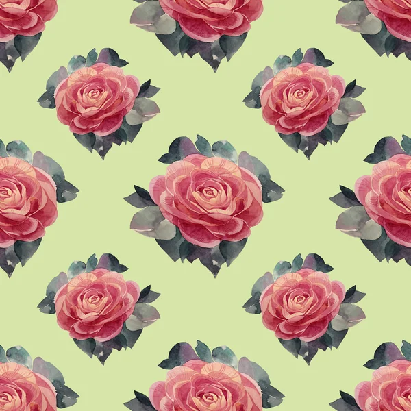 Kusursuz desenli sulu boya. Yapraklı pembe çiçek. Şakayık kamelyalı gül fırçası darbesi.