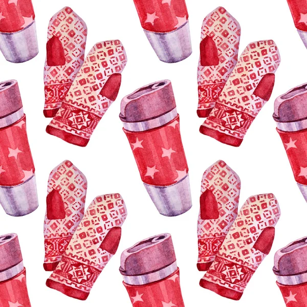 Απρόσκοπτη μοτίβο ακουαρέλα ζωγραφισμένα στο χέρι ζευγάρι κόκκινα γάντια και θερμός κύπελλο σε λευκό φόντο. Χειμερινό αξεσουάρ. Τέχνη δημιουργικό αντικείμενο για αυτοκόλλητο, κάρτα, περιτύλιγμα, ύφασμα — Φωτογραφία Αρχείου