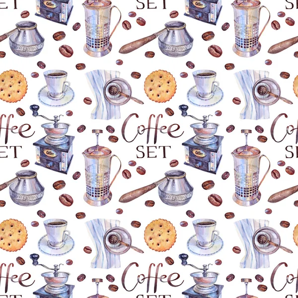 Seamless pattern watercolor coffee grinder mill, french press for aroma beverage, cup with saucer, coffee bean, cashew, cracker isolated on white background. Good morning drink with caffeine