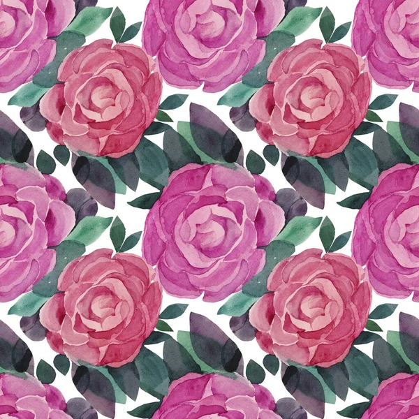 Seamless pattern watercolor hand-drawn pink and red flower with leaves peony camellia rose brush stroke creative art background wrapping