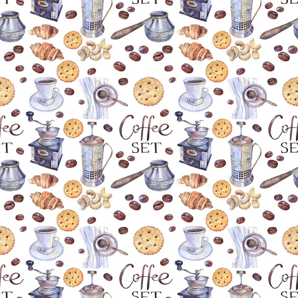Seamless pattern watercolor coffee grinder mill, french press for aroma beverage, cup with saucer, coffee bean, croissant, cashew, cracker on white background. Good morning drink with caffeine
