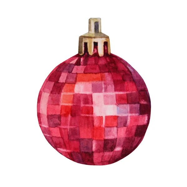 Acuarela dibujada a mano rojo brillante bola disco decoración navidad aislado sobre fondo blanco. Clipart de juguete creativo para año nuevo, fiesta, celebración, pegatina, papel pintado, envoltura, cuaderno de bocetos — Foto de Stock