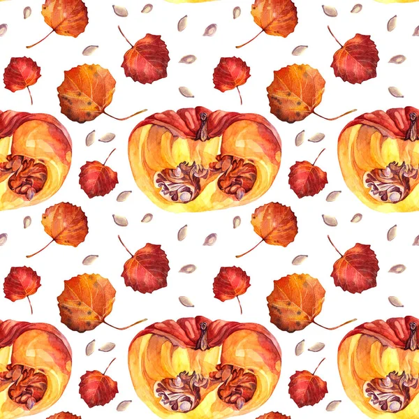 Осінній безшовний візерунок акварельний помаранчевий розрізаний гарбуз, насіння, листя ізольовані на білому. Природа садової рослини листя. Творчий фон на Хеллоуїн, шпалери, обгортання, ескіз — стокове фото