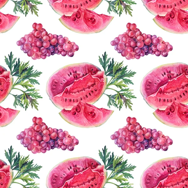 Naadloos patroon aquarel met de hand getekend paars en rood druiven, watermeloen, bladeren op witte achtergrond. Zomer herfst zoete voedsel bessen. Leuk toetje. Kunst voor menu, cafe, behang, verpakking — Stockfoto