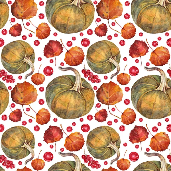 Autumn seamless pattern watercolor hand-drawn pumpkin, red currant, leaves isolated on white. Nature garden plant foliage. Creative background for halloween, wallpaper, wrapping, sketchbook