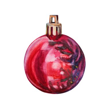 Suluboya el yapımı kırmızı parlak noel süsleme topu beyaz arka planda izole edilmiş. Yeni yıl için yaratıcı oyuncak klip, parti, kutlama, çıkartma, duvar kağıdı, paketleme, eskiz defteri
