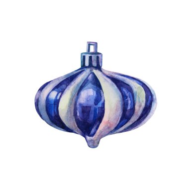 Suluboya el yapımı mavi, beyaz, gümüş renkli parlak noel süsleme topu beyaz arka planda izole. Yeni yıl, parti, kutlama, çıkartma, duvar kağıdı, ambalaj için yaratıcı oyuncaklar