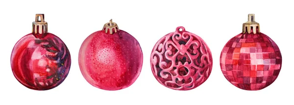 ホワイトを背景に、水彩手描きの赤い光沢のあるクリスマス装飾サークルボールをセットします。新年のための創造的なおもちゃのクリップ、パーティー、お祝い、ステッカー、壁紙、スケッチブック — ストック写真