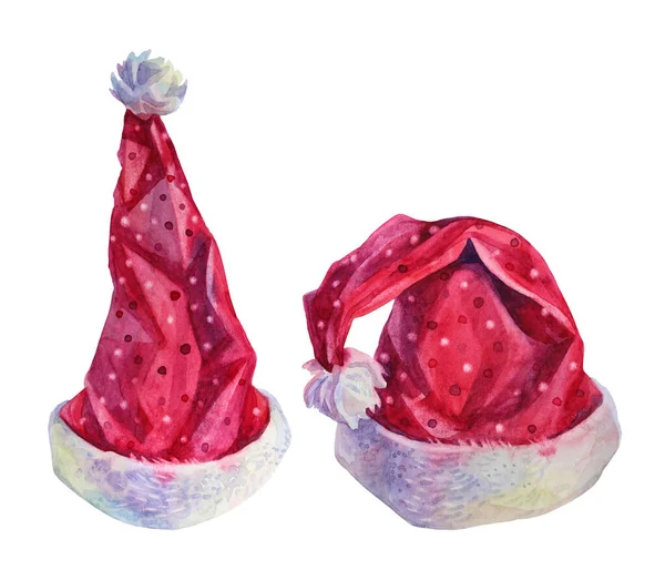 白い背景に隔離されたサンタのための水彩赤と白のクリスマスのピンクの帽子を設定します。お祝い、新年、カード、ステッカー、包装、招待状、織物のための手描きのクリスマスクリップ — ストック写真