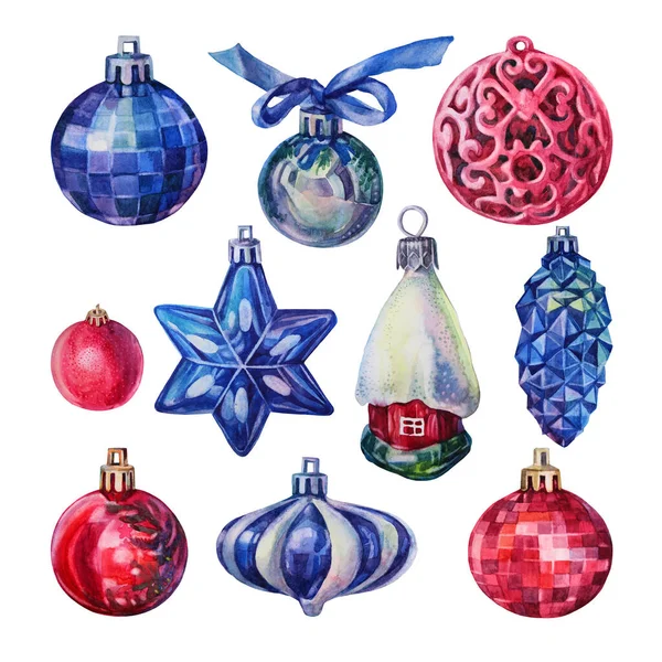 Set acuarela rojo y azul brillante bola de decoración de Navidad, casa, estrella, cono de pino aislado sobre fondo blanco. Clipart de juguete dibujado a mano creativo para el nuevo año, celebración, pegatina, envoltura — Foto de Stock