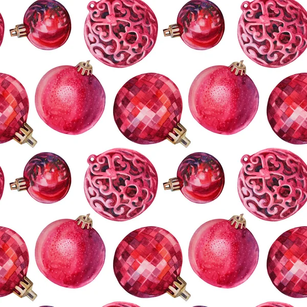 Bezešvé vzor akvarel ručně kreslené červené vánoční dekorace koule izolované na bílém. Kreativní hračky pozadí pro nový rok, párty, oslava, samolepka, tapety, obal, skicák — Stock fotografie
