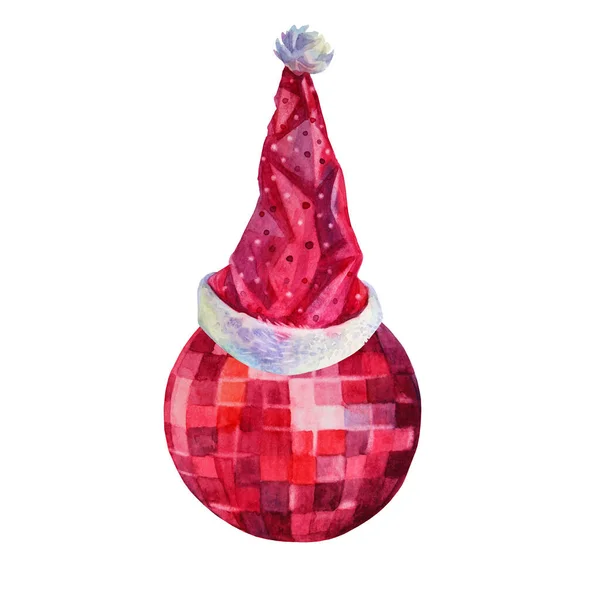 Watercolor red christmas decoration ball and hat for santa isolated on white background. Hand-drawn christmas clipart for celebration, new year, card, sticker, wrapping, invite, textile — Stock Photo, Image