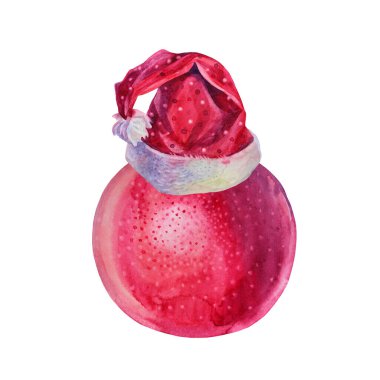 Kırmızı suluboya Noel süsleme balosu ve Noel Baba için beyaz arka planda izole edilmiş şapka. Kutlama için el yapımı Noel zirvesi, yeni yıl, çıkartma, ambalaj, duvar kağıdı, davetiye, tekstil