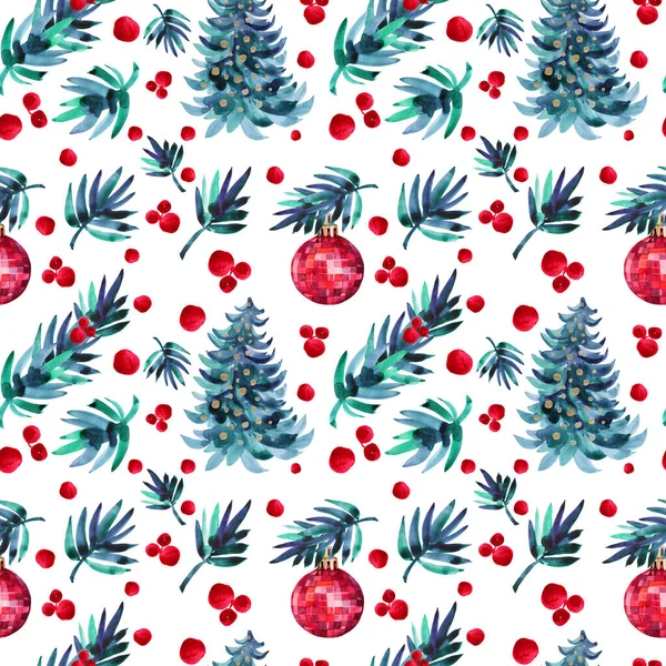 Patrón sin costura acuarela dibujado a mano bola de decoración brillante rojo y rama de árbol de Navidad en blanco. Fondo creativo para el año nuevo, fiesta, celebración, papel pintado, envoltura, cuaderno de bocetos — Foto de Stock