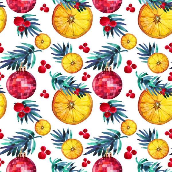 Christmas seamless pattern watercolor background. Citrus fruit slice orange or lemon, red decoration ball, branch pine tree on white. Hand drawn food and toy for winter, menu, new year, wrapping — Stock Photo, Image