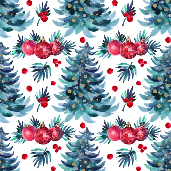 Patrón sin costura acuarela dibujado a mano bola de decoración brillante rojo y rama de árbol de Navidad en blanco. Fondo creativo para el año nuevo, fiesta, celebración, papel pintado, envoltura, cuaderno de bocetos — Foto de Stock