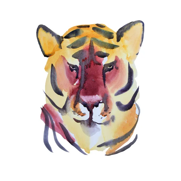 Acquerello disegnato a mano astratto portret testa di tigre gatto selvatico isolato su sfondo bianco. Simbolo cinese nuovo anno. Animale arancione con strisce nere. Clipart creativo per Natale, celebrazione, invito — Foto Stock