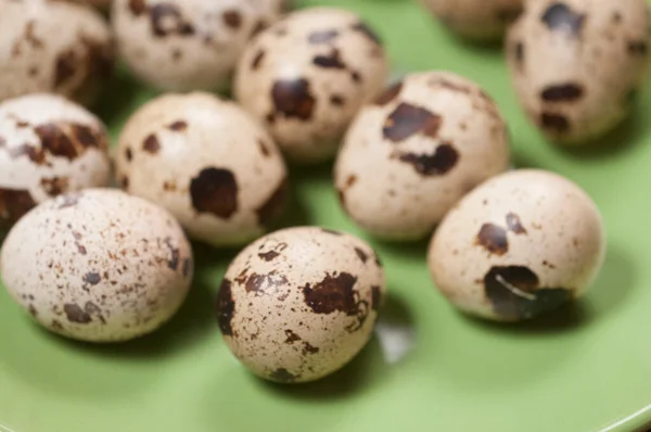 Quail Eggs Green Ceramic Plate Close Shot — Stock Photo, Image