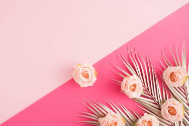 Pembe güller ve pembe ve gül arkaplanlı altın palmiye yapraklarıyla yaratıcı romantizm kavramı. Düz yatıyordu