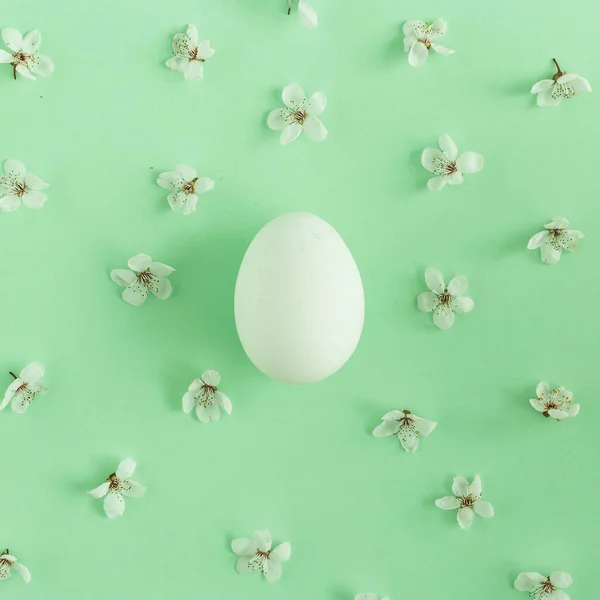 Composizione Creativa Con Uovo Pasqua Fiori Primaverili Naturali Sfondo Verde Fotografia Stock