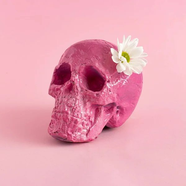 Calavera Con Flores Sobre Fondo Rosa Halloween Concepto Amor Moda — Foto de Stock