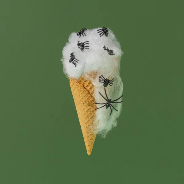 Ice Cream Cone Spider Web Spiders Green Background Spooky Halloween — Stock Photo, Image