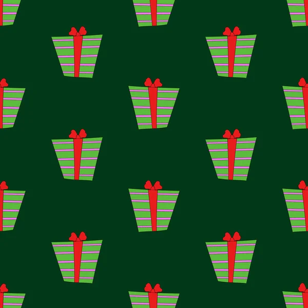 ベクターギフトボックスシームレスパターン カラフルなプレゼントの背景 落書きスケッチイラスト 明るい色の包装紙 誕生日 クリスマス 新年のデザインのための概念 — ストックベクタ