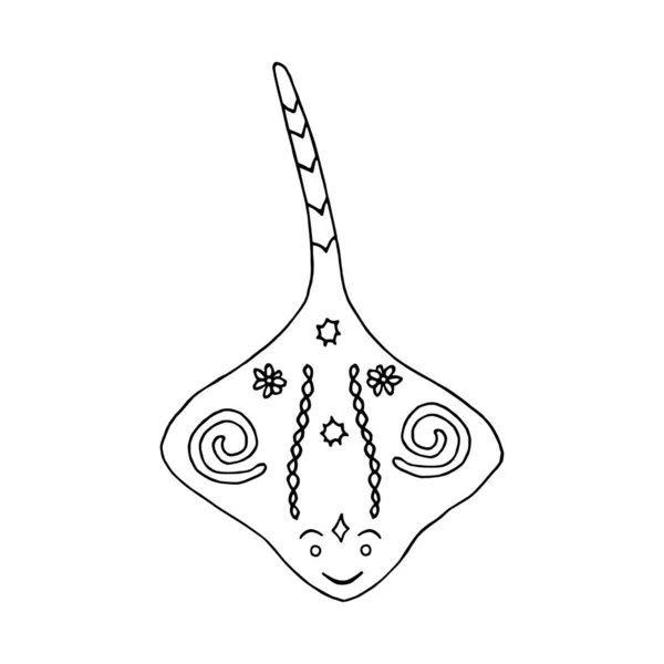 手描きの輪郭ベクトルのけしい線 海のスケッチドアイラスト パターンを持つ観賞魚 黒かわいいシルエット — ストックベクタ