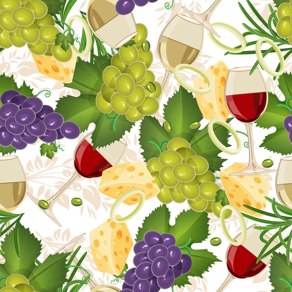 Seamless pattern with fruit organic food, glasses, wine, grapes. Seamless background with cucumber, onions, tomato. Vector illustration