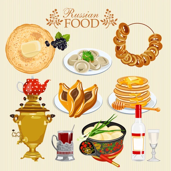 Russian vector food set with samovar and pancakes — Stock Illustration Russian vector food set with samovar and pancakes Stock Illustration